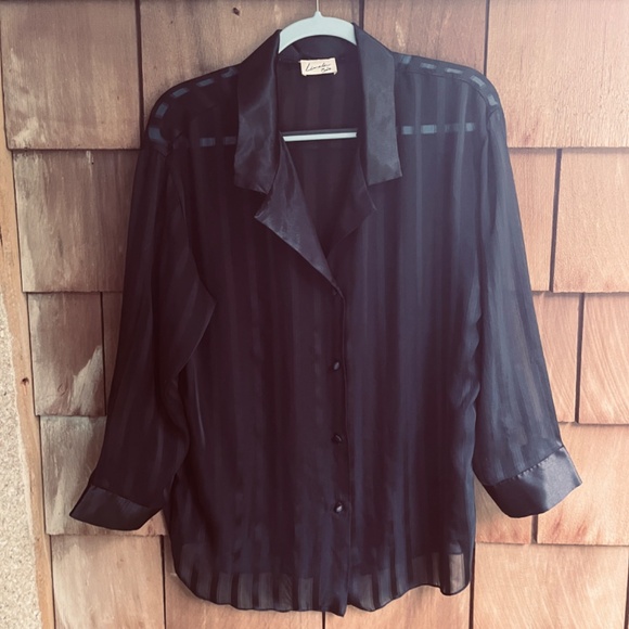 Linda Bis Montreal Rare Vintage 90s Black Night Robe Striped Silky Satin Collar - Picture 3 of 13